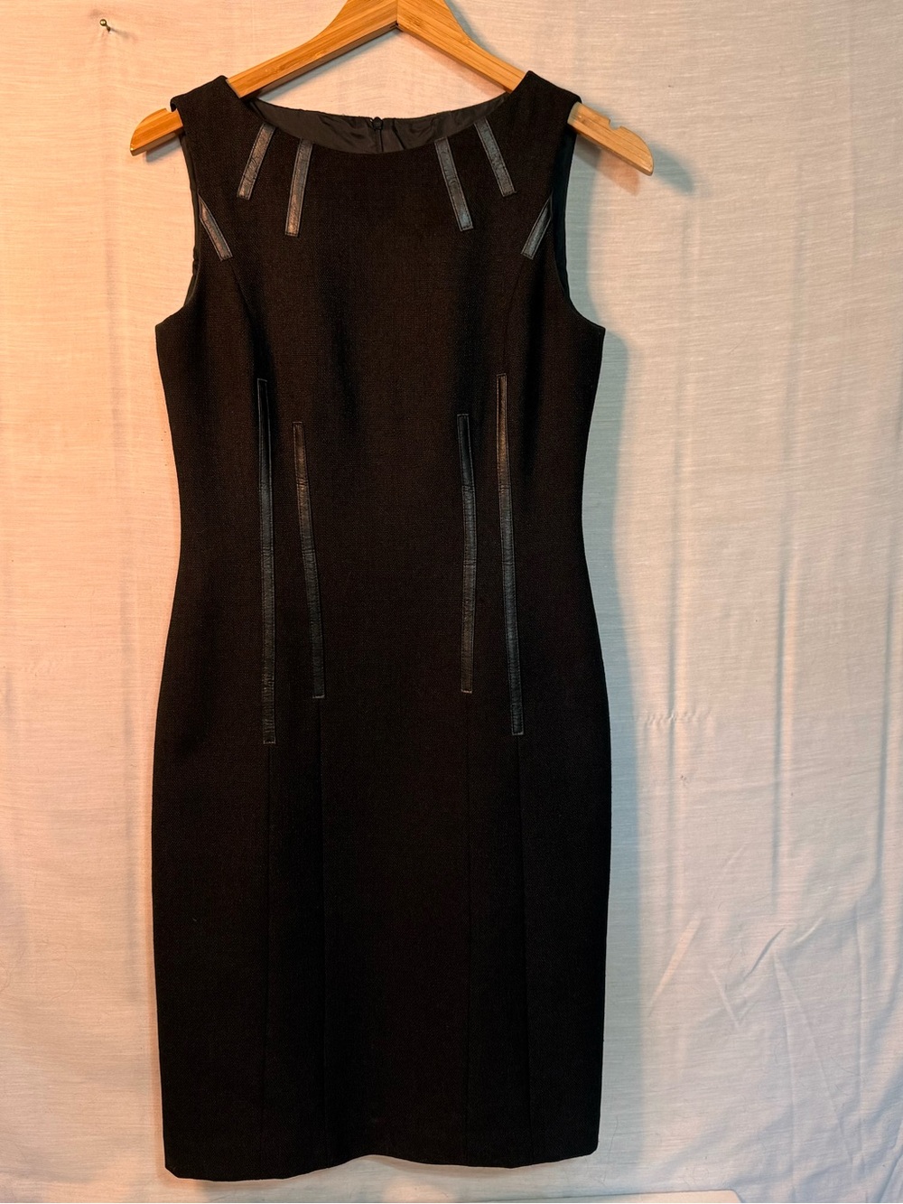 David Meister Black Faux Leather Trim Sheath Dress Size 4